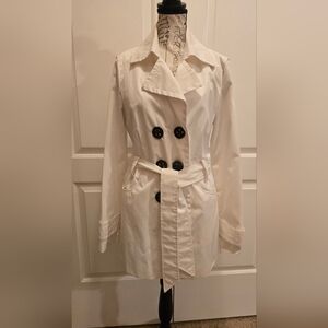 Express Off White Double-Breasted Trench Coat with Black Buttons Small